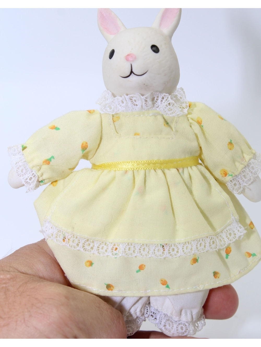 Vintage Russ Berrie Easter Bunny Yellow Dress Plush Toy 5.5" Doll Plastic Face